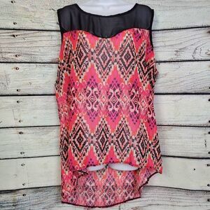 Plus Size Pina Women’s Pink Aztec High-Low Sleeveless Top 1X Sheer Yoke